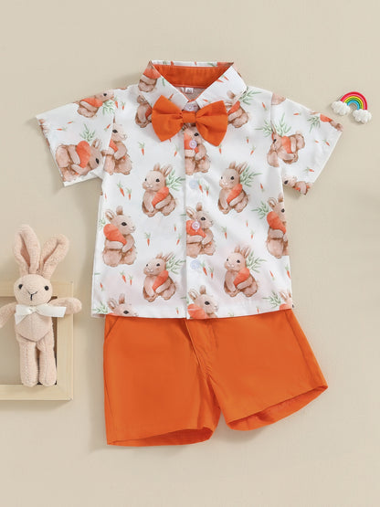 Summer Clothing Set for Young Boys Featuring a Short-Sleeve Shirt And Shorts with a Carrot And Rabbit Design, Complete with a Bowtie, for Outdoor