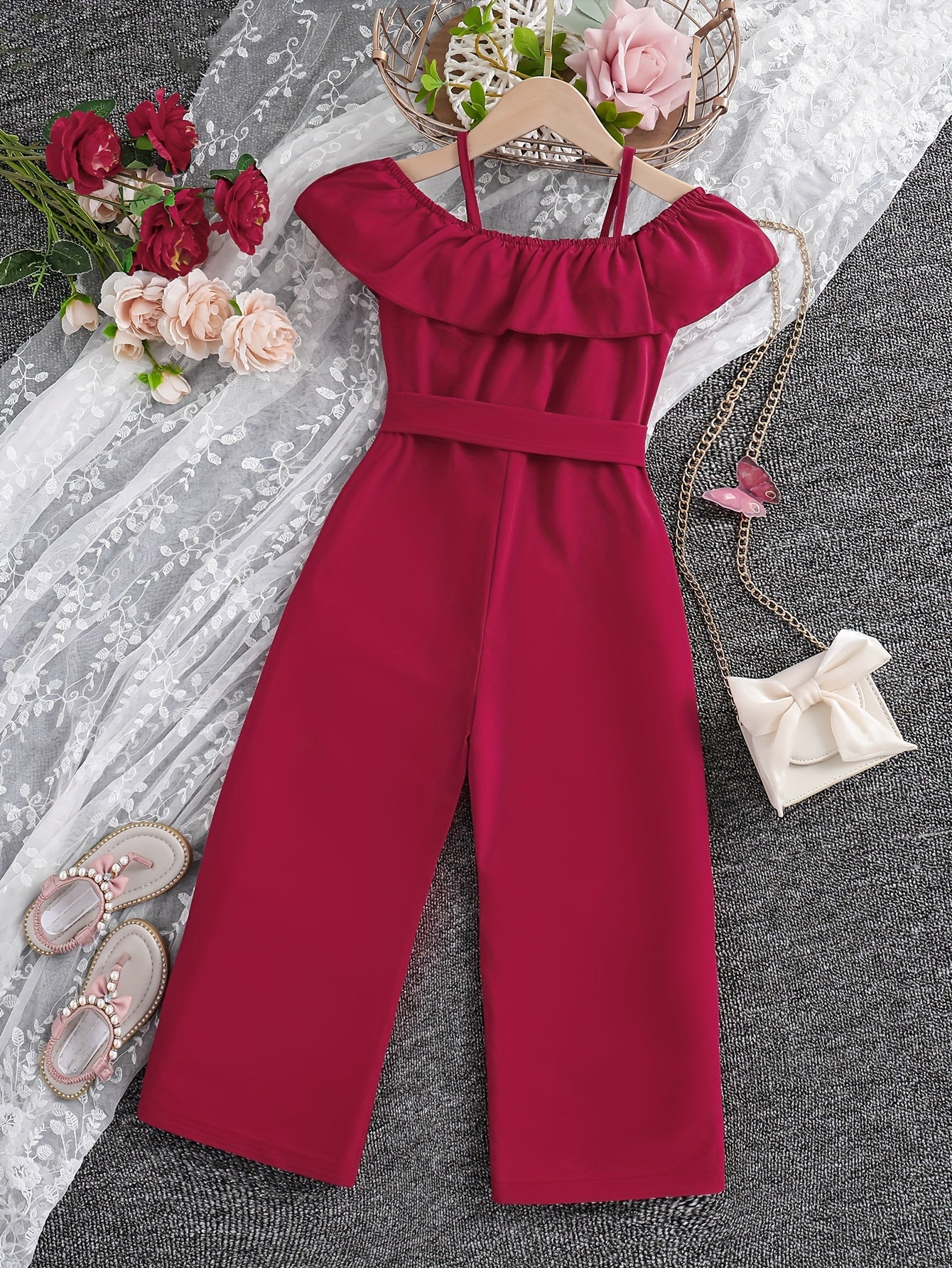 Summer Casual Outings for Girls Featuring a Sleeveless Ruffled Strap Jumpsuit in Solid Color, Complete with a Belt, for Outdoor