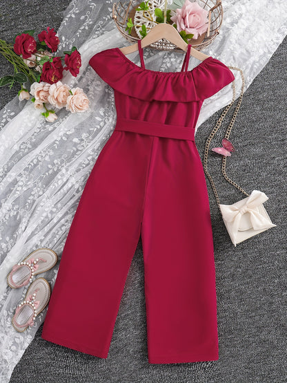 Summer Casual Outings for Girls Featuring a Sleeveless Ruffled Strap Jumpsuit in Solid Color, Complete with a Belt, for Outdoor