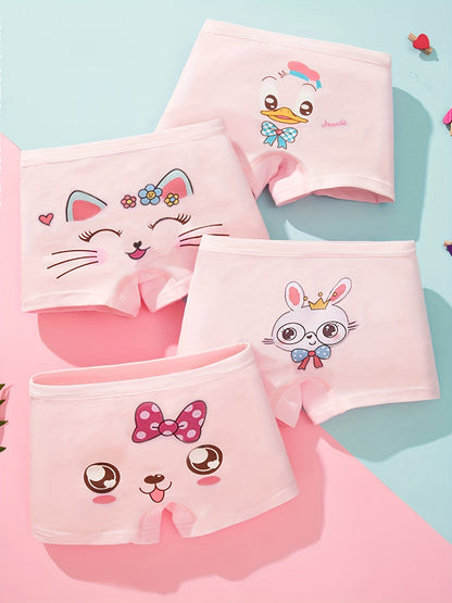 4-Pack Girls' Cute Bunny & Cat Print Boxer Briefs - Pastel Colors, Soft Stretchy Mid-Rise Underwear, All-Season Comfort, Regular Fit for Youngsters & Youngsters, Youngsters Underwear, Playful Youngsters' Apparel, Comfortable Youngsters' Wear