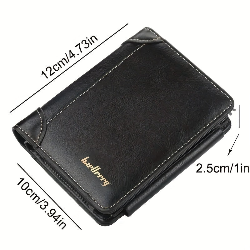 [Tri-Fold Wallet] Men's Wallet | 13 Card Slots | Faux Leather | Tri-Fold Buckle, Zipper Coin Purse | Short Vintage Style