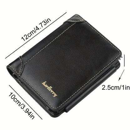 [Tri-Fold Wallet] Men's Wallet | 13 Card Slots | Faux Leather | Tri-Fold Buckle, Zipper Coin Purse | Short Vintage Style