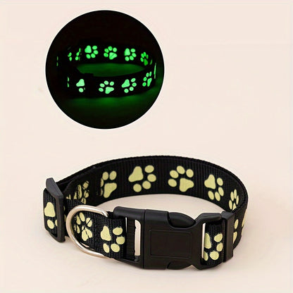[1pc Glow Dog Collar Adjustable] 1pc Paw Print Glow in the Dark Dog Collar, Adjustable Head and Snap Buckle, Polyester Material, Animal Print Pattern, Night Visibility for Indoor and Outdoor Use