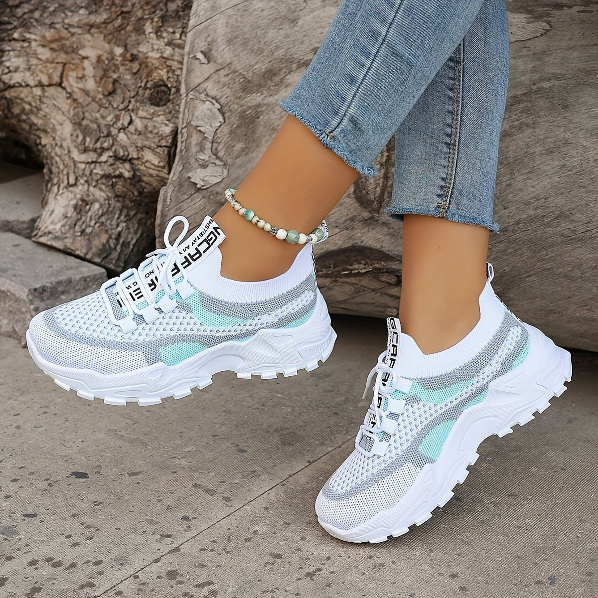 Women'S Color-Blocked Casual Sneakers, Breathable Lace-Up Running Shoes with Flying Woven Design, Stylish Mesh Platform Casual Footwear., Women Shoes
