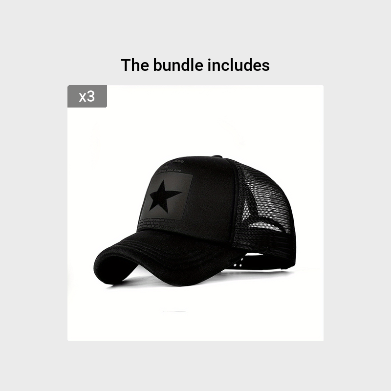 Men'S Black Mesh Baseball Cap with Star Logo - Breathable Six-Panel Design, Adjustable Fit, Casual Sporty Style for Outdoor Activities, Baseball Cap, Summer Headwear, Stylish Headgear, Durable Headwear, Mesh Fabric Cap, Streetwear Lovers, Lightweight Head