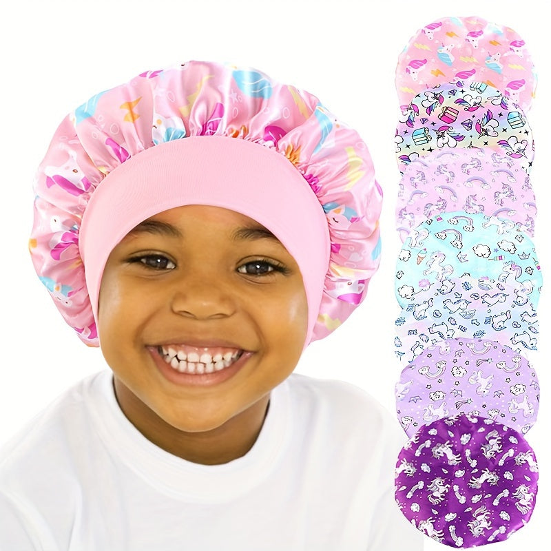 Unicorn Cartoon Printed Youngsters's Satin Cap, Hair Care Cap