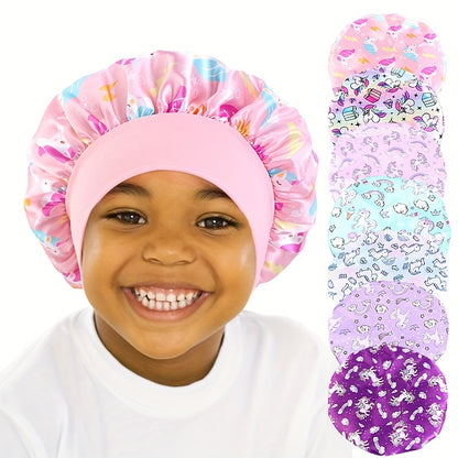 Unicorn Cartoon Printed Youngsters's Satin Cap, Hair Care Cap
