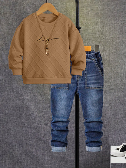Boys' Long Sleeve Orange Crew Neck Sweatshirt with English Print Pullover and Casual Jeans Set, New Autumn Outfit Two-Piece, Perfect for Outdoor