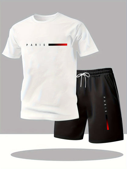 Men's fashion gradient letter print Men's two-piece set: round-neck short-sleeved T-shirt and drawstring shorts summer casual sportswear
