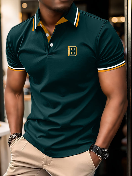 Men'S Summer Short-Sleeve Polo Shirt with a Stylish Color-Blocked Striped Collar for Casual Wear.