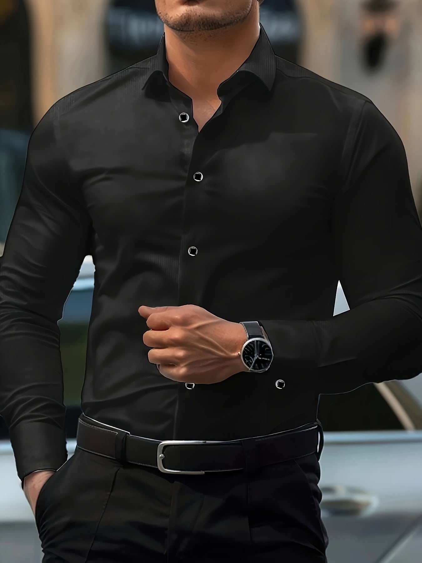 Men'S Tailored Elegant Black Long-Sleeve Shirt with a Lightweight Geometric Pattern And Smooth Texture, Suitable for Casual And Formal Occasions Throughout The Year, Featuring a Sleek Fit.