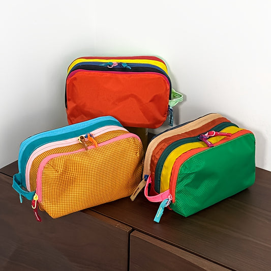 Christmas Dopamine Color Toiletry Bag Organizer, with three main zippered compartments for efficient and portable categorization. Ideal for storing daily cosmetics, toiletries, other small items