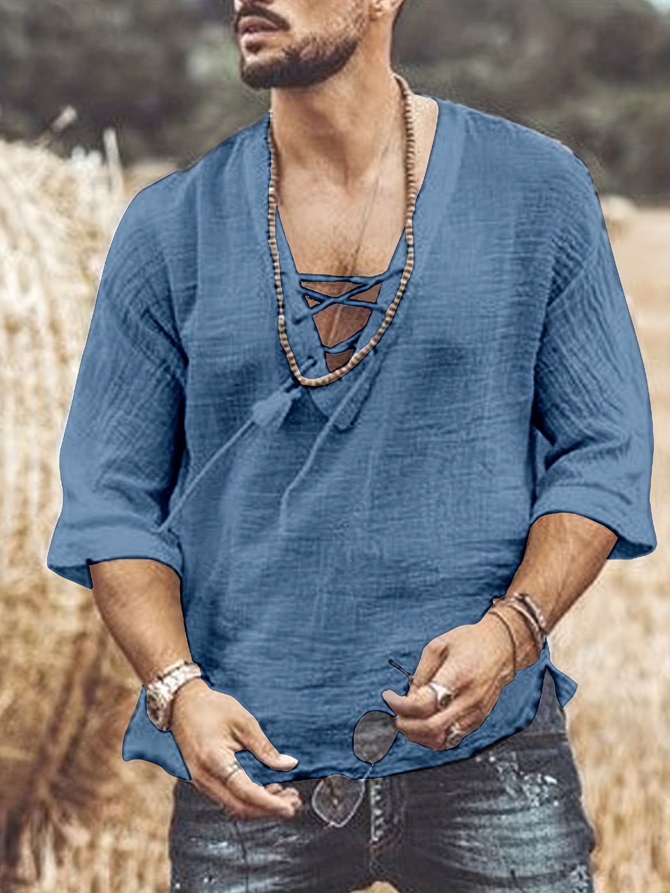 [Summer T-Shirt] Breathable Summer Men's V-Neck Short-Sleeve T-Shirt | Casual Fashion Solid Color Drawstring with Wrinkle Fabric