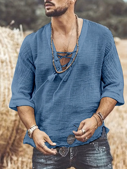 [Summer T-Shirt] Breathable Summer Men's V-Neck Short-Sleeve T-Shirt | Casual Fashion Solid Color Drawstring with Wrinkle Fabric