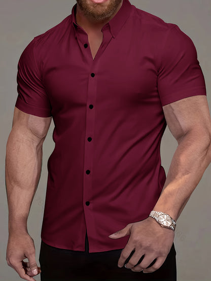 Muscle Man Fitness Short Sleeve Lapel Shirt | Non-Stretch, Solid Color, Button Detail, Summer Business Casual Non-Iron Shirt