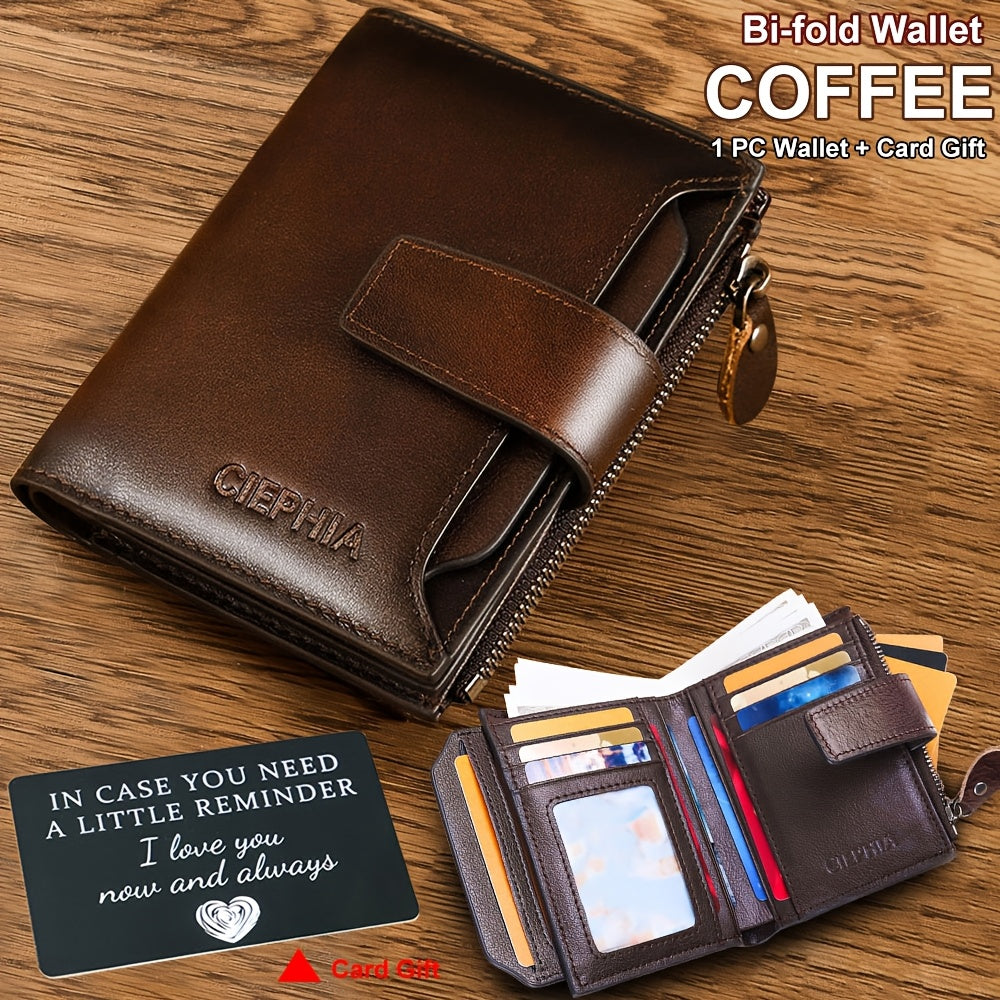 CIEPHIA Men's Vintage RFID Blocking Wallet - Genuine Leather -Theft Billfold with Zipper Coin Pocket, 14 Card Holder, 2 ID Window & SD/ SIM, 2 Driver ID Holder - Leather for Christmas Valentine's/Father's Day Gift for Men Set Includes a Greeting Card