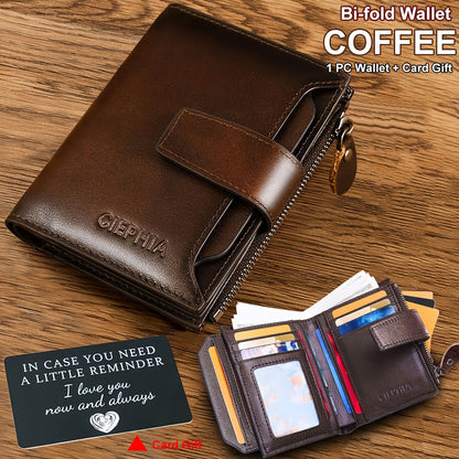 CIEPHIA Men's Vintage RFID Blocking Wallet - Genuine Leather -Theft Billfold with Zipper Coin Pocket, 14 Card Holder, 2 ID Window & SD/ SIM, 2 Driver ID Holder - Leather for Christmas Valentine's/Father's Day Gift for Men Set Includes a Greeting Card