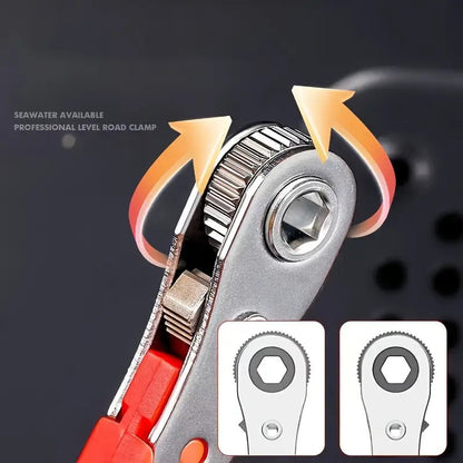 A Red Ratchet Screwdriver with a Narrow Space Ratchet Handle, Allowing for Forward And Backward Operation in Five Different Positions. It Features an Elbow Right-Angle Design And Includes a Phillips Screwdriver Function. The Non-Slip Grip Makes It Suitabl