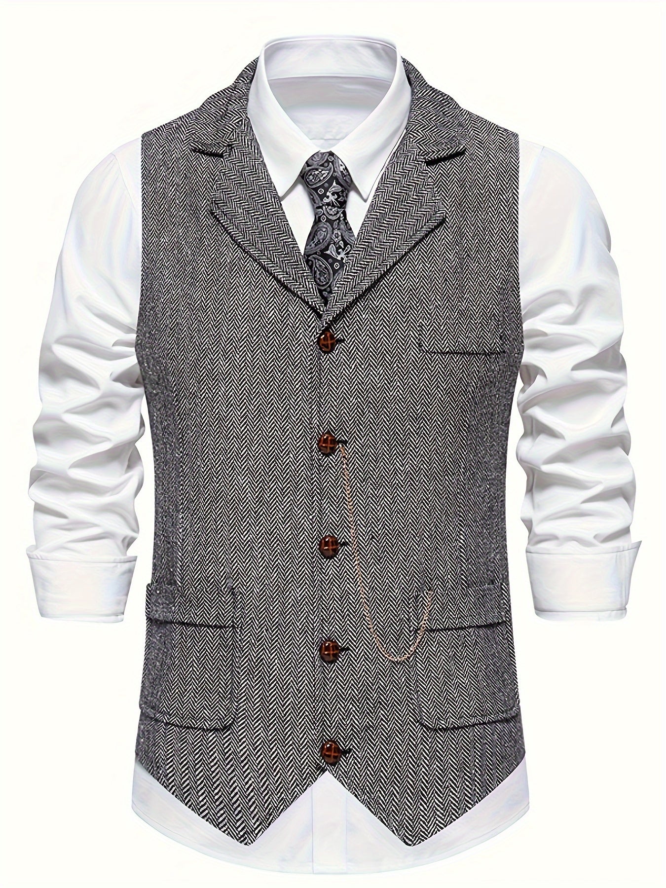 Men's Herringbone Tweed Single-Breasted Lapel Vest with Chain Detail - Stylish Brown Suit Vest for Business or Formal Occasions, Machine Washable, Stylish Layering Piece | Notched Lapel Design | Polyester Vest