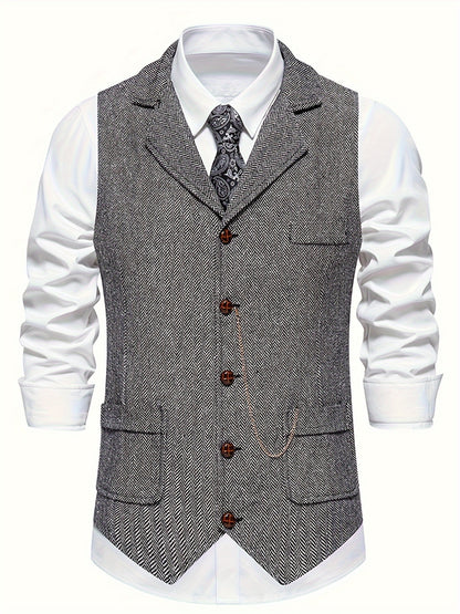 Men's Herringbone Tweed Single-Breasted Lapel Vest with Chain Detail - Stylish Brown Suit Vest for Business or Formal Occasions, Machine Washable, Stylish Layering Piece | Notched Lapel Design | Polyester Vest