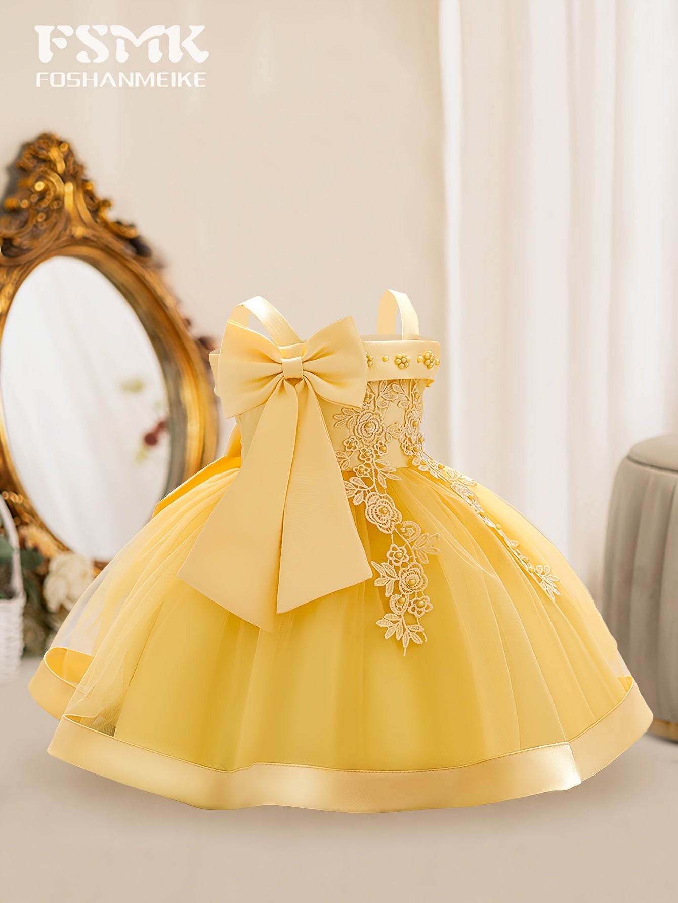 New Children'S First Birthday Baptism Dress Princess Dress Baby Girl Mesh Tutu Skirt Bow Dress Party Dress Off-The-Shoulder Embroidered Dress 1