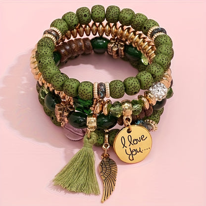 [4pcs Bohemian Bracelets] 4pcs Bohemian Winged Tassel Beaded Bracelets | Women's Fashion Jewelry, Versatile for Casual Attire and Perfect Holiday Gift