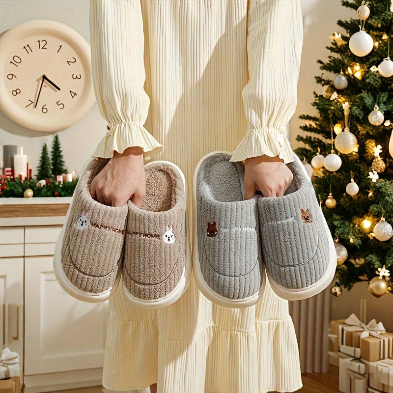 Solid Color Home Warm Slippers with Soft EVA Soles, Comfortable Fuzzy Closed-Toe Shoes, Non-Slip Plush Indoor Footwear