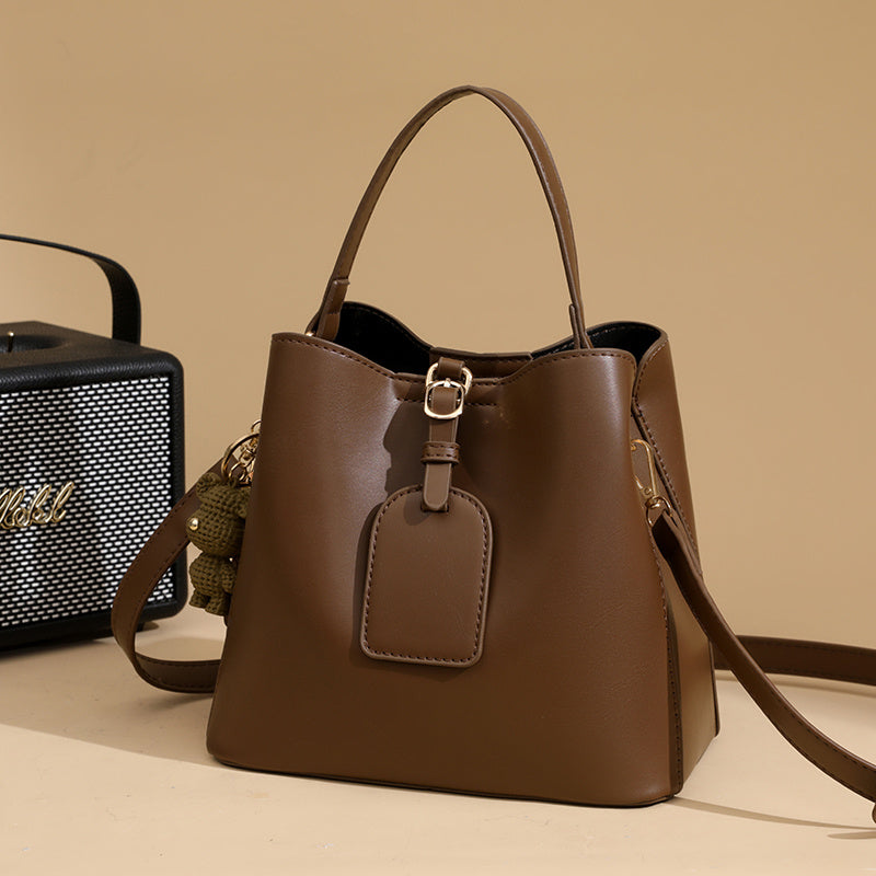 [Bucket Handbag] Women's Beige & Brown Bucket Handbag with Ic Closure - Adjustable Crossbody/Shoulder Strap, Woven Bear Charm & Label - Multi-Compartment Handbag Suitable for Daily Use, Casual & Professional - Handbag
