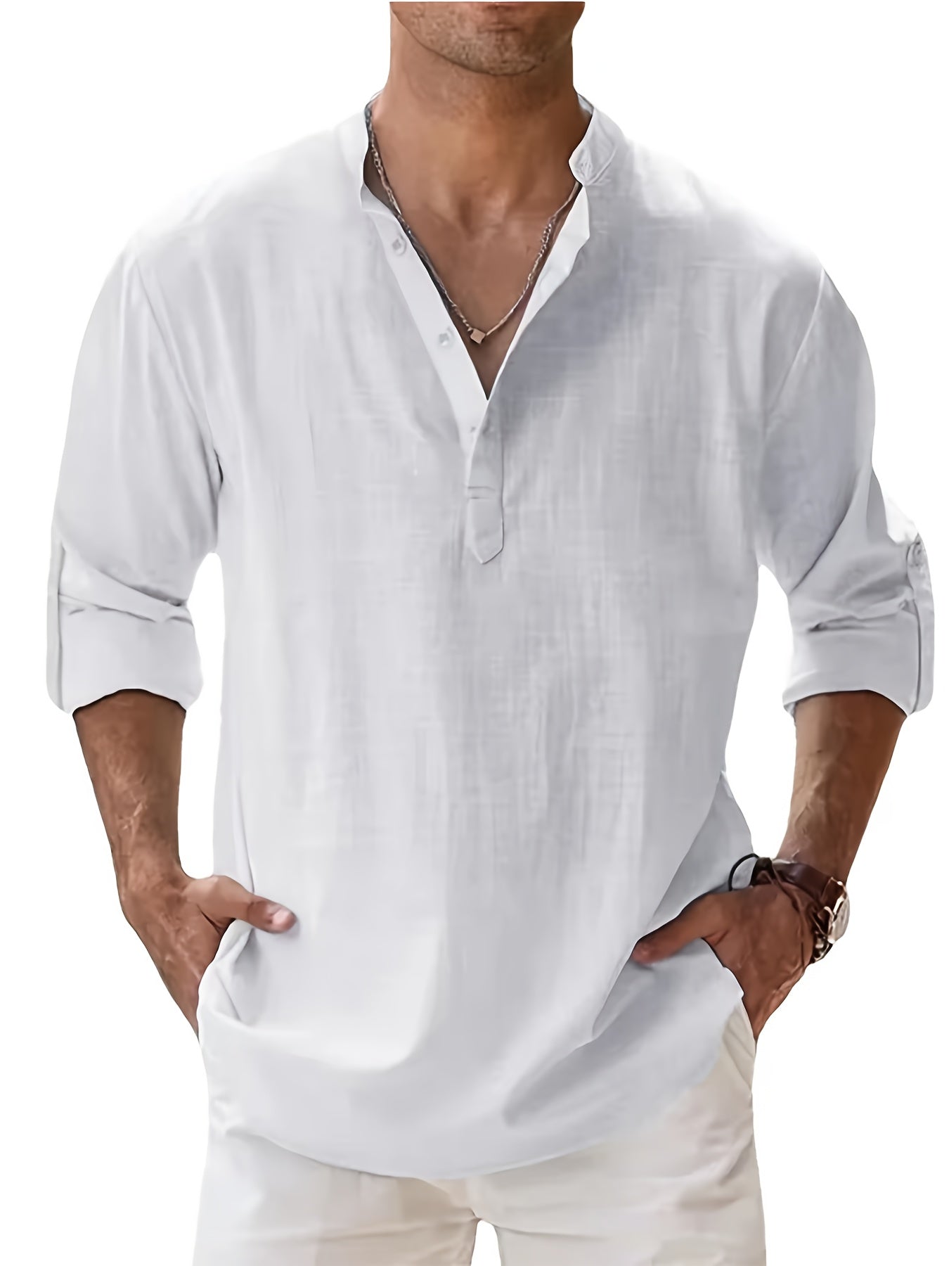 Cotton Cotton And Linen Blend Hot Men's Long-Sleeved Shirts Summer Solid Color Stand-Up Collar Casual Beach Style Plus Size Cotton And Linen Blend for Man Tops