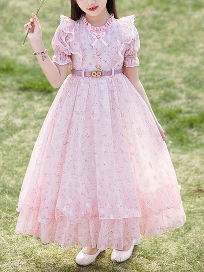 Girls' Long Floral Chiffon Princess Dress, a Trendy Outfit for Children Aged 7-14