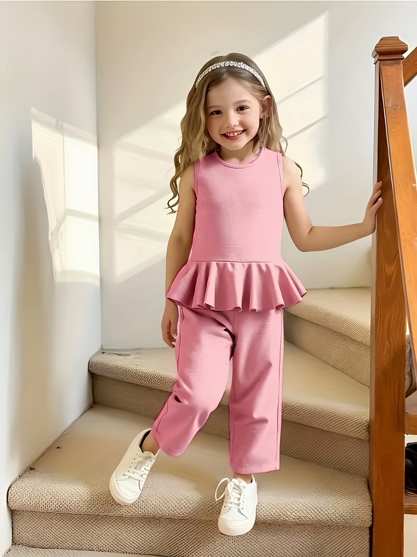 [Girls Summer Fashion Set] New Summer Fashion Set for Girls, Featuring a Blue Ruffled Sleeveless And Short-Sleeve Top Paired with Loose-Fitting Long Pants. Perfect for Everyday Outings And Vacations. This Stylish Outfit Is Ideal for Back-To-School Season