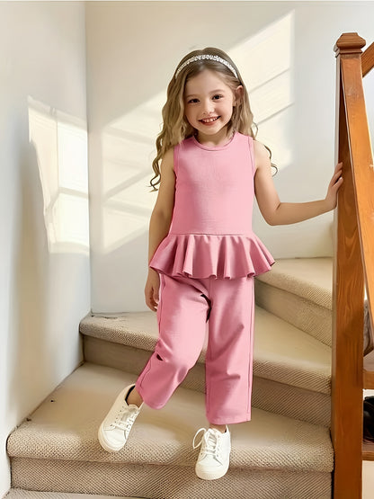 [Girls Summer Fashion Set] New Summer Fashion Set for Girls, Featuring a Blue Ruffled Sleeveless And Short-Sleeve Top Paired with Loose-Fitting Long Pants. Perfect for Everyday Outings And Vacations. This Stylish Outfit Is Ideal for Back-To-School Season