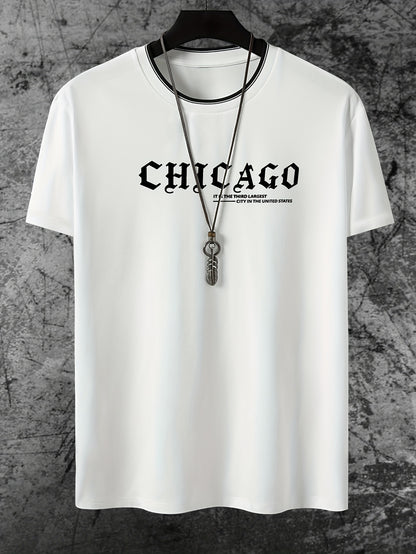 Men'S Minimalist Casual Stylish Trendy Comfortable Short-Sleeve T-Shirt with Chicago Letter Pattern Print for Summer, Breathable, Sweat-Absorbing, And Cool, Sweat-Resistant