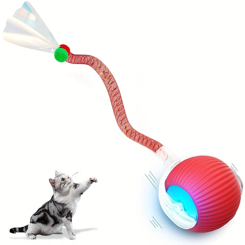 Indoor Cat Interactive Ball Toy with Elastic Net Tail, Automatic Moving Ball Toy for Floors/Tiles/Carpets, Smart Interactive Automatic Cat Toy Ball with Obstacle Avoidance and Motion-Activated Electric Cat Toy