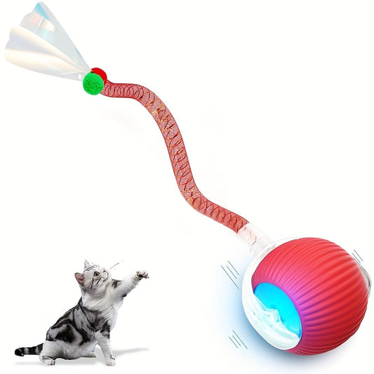 Indoor Cat Interactive Ball Toy with Elastic Net Tail, Automatic Moving Ball Toy for Floors/Tiles/Carpets, Smart Interactive Automatic Cat Toy Ball with Obstacle Avoidance and Motion-Activated Electric Cat Toy