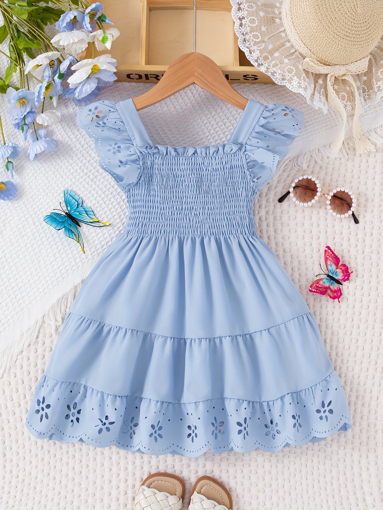Girls' Casual Dress, Summer Daily Casual Outing, Square Neckline Sleeveless Small Flutter Sleeve Design, Gathered Waist, Solid Color, Knee-Length