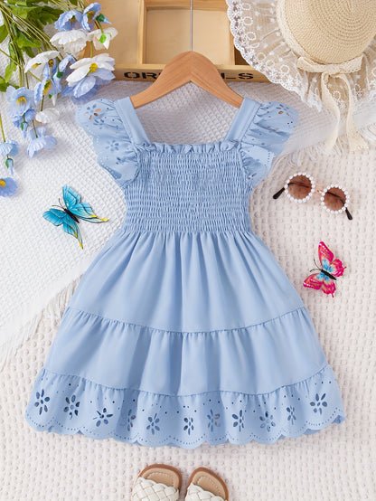 Girls' Casual Dress, Summer Daily Casual Outing, Square Neckline Sleeveless Small Flutter Sleeve Design, Gathered Waist, Solid Color, Knee-Length