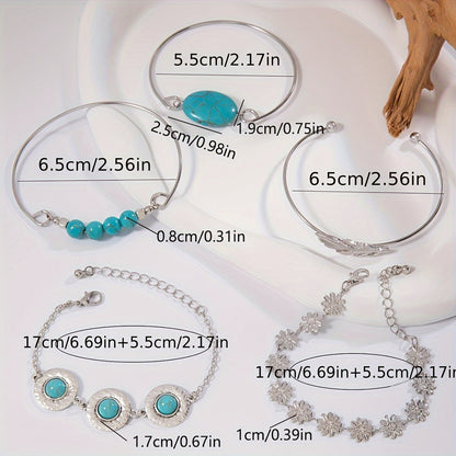 Fashionable Vintage Green Artificial Turquoise Inlaid Jewelry Set, a Unique And Versatile Ethnic Style Five-Piece Bracelet And Bangle Set for Women Featuring Flowers And Feathers