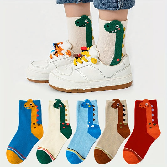 5-Pack All-Season Children's Socks, Spring/Autumn Cartoon Neck Dragon Dinosaur Mid-Calf Socks for Boys and Girls, Baby Socks