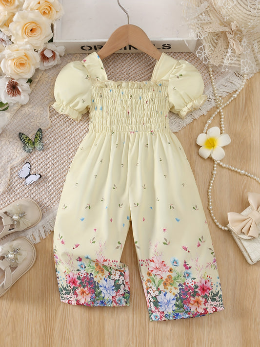 Elegant And Casual Vintage Floral Patterned Puff Sleeve Jumpsuit Suitable for Baby Girls in Spring And Summer, for Outdoor