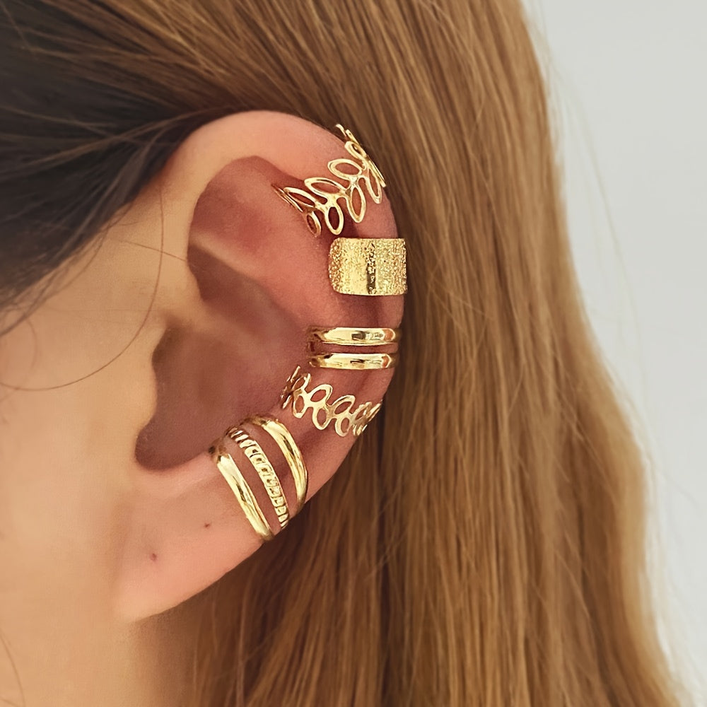 New Multi-Piece Set Metal Style Minimalist Fashion Versatile Matte Willow Branch Leaf Shape Solid Color Clip-On Earrings Fashion Personality Women's Earring Jewelry Set