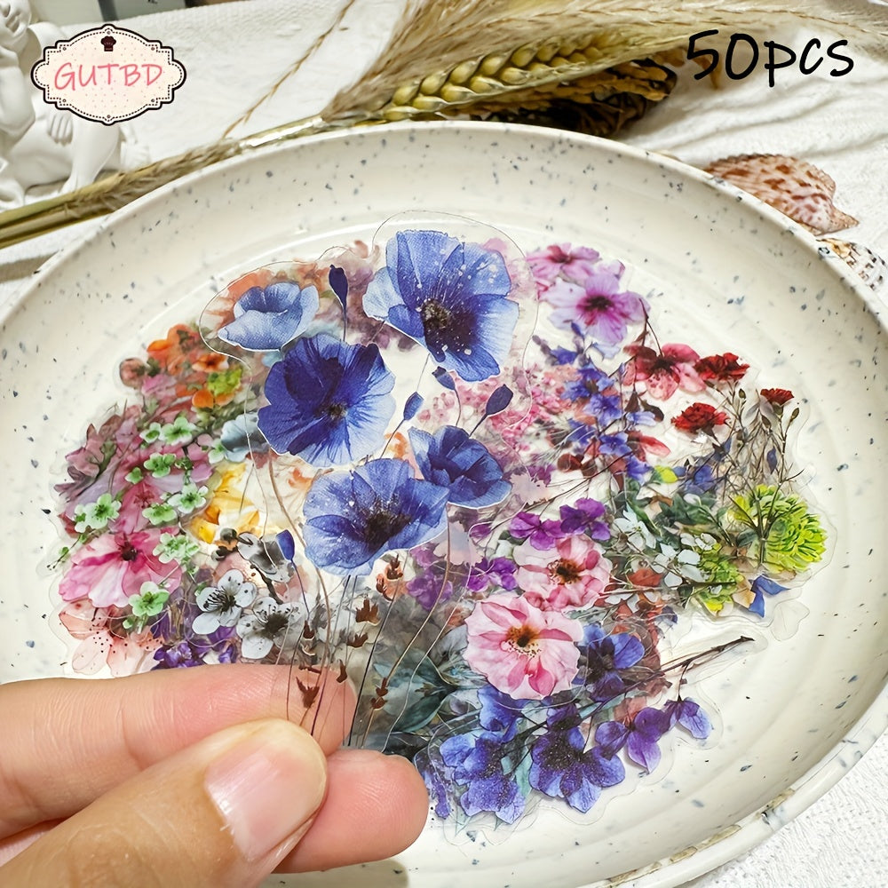 50pcs GUTBD Transparent Flower Stickers Set, PET Cartoon Floral Decals for Journals, Laptops & Luggage, Self-Adhesive & Reusable, Glass Surface Friendly, Matte Finish - Creative Decoration Kit