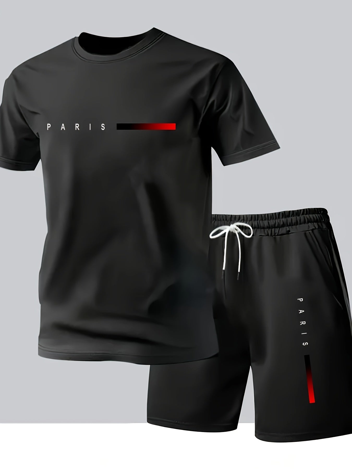 Men's fashion gradient letter print Men's two-piece set: round-neck short-sleeved T-shirt and drawstring shorts summer casual sportswear