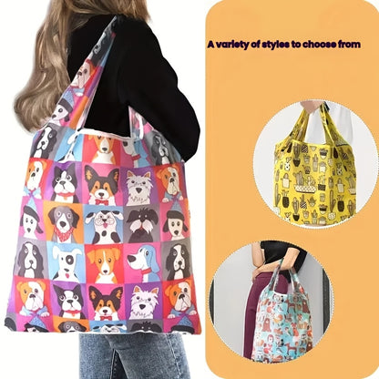 1pc Vibrant Dog Print Tote Bag - Reusable, Foldable, Durable Polyester Shoulder Bag with Buckle Closure, Ideal for Shopping, Travel, and Kitchen Storage, Travel Accessory|Playful Accessory|Durable Handle Bag