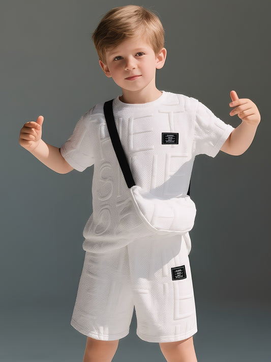 Solid Color Boys' Casual Outing Outfit with Regular Fit, Round Neck, Short-Sleeve T-Shirt And Shorts Set, Including a Hanging Bag for Summer, for Outdoor