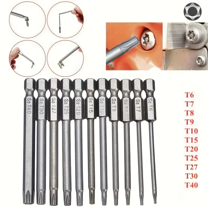 11pcs Precision Star Torx Bit Set - High-Strength S2 Alloy Steel, 75mm Length, T6-T40 Sizes, Versatile Mechanic & Home DIY Tool Kit with Hex Socket for Vehicle and Electrical Maintenance, Durable and Corrosion-Resistant