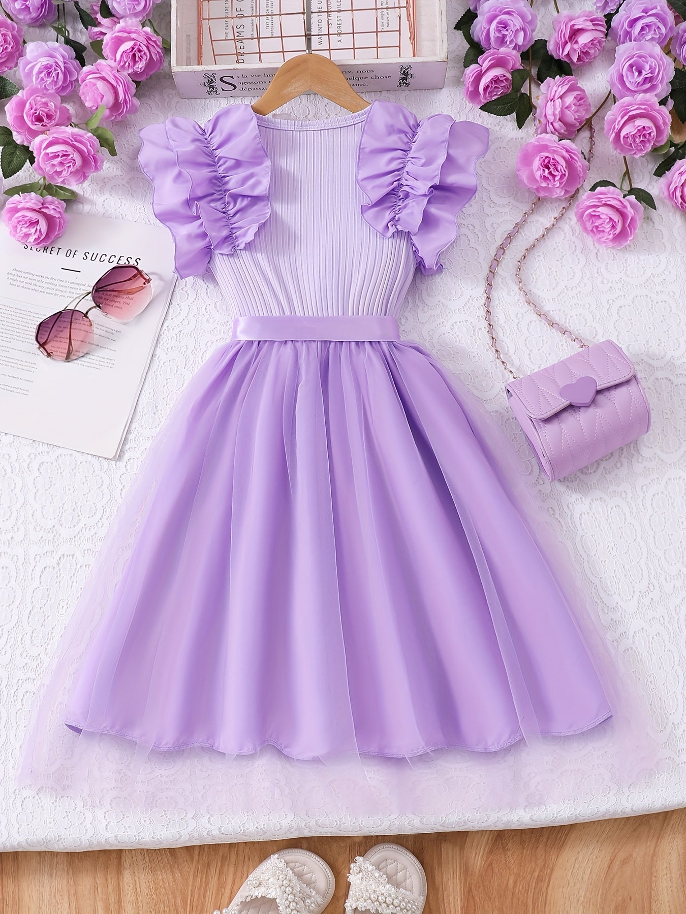 Big Sweet Style Dress, Summer Fashion Solid Color Comfortable Round Neck Mesh Casual Dress
