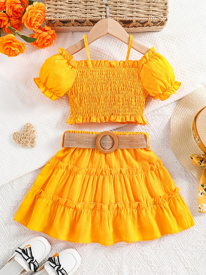 [Off-Shoulder Top Skirt Set] Summer Solid Color Off-Shoulder Lantern Sleeve Top and Knee-Length Skirt with Belt Set for Girls, Perfect for Outdoor Activities, Casual Attire, Playful Style