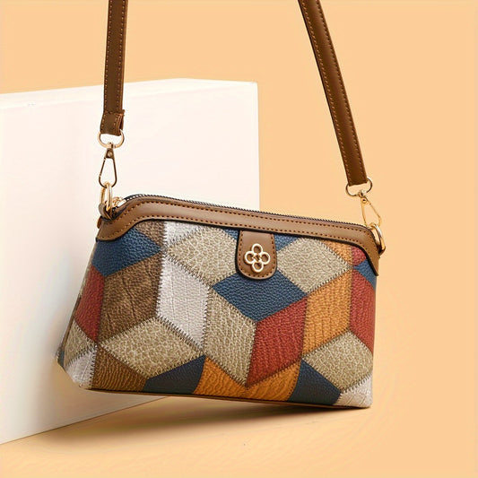 1pc Color-Blocked Argyle Pattern Messenger Bag | Vintage Style with Zipper Closure and Removable Strap, Suitable for Daily Use
