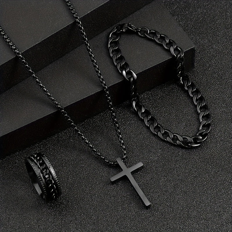 3pcs Stylish Versatile Dark Series Stainless Steel Cross Jewelry Set